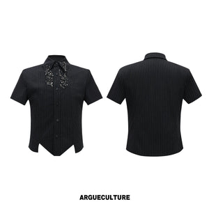 Asymmetric Stripe Shirt with Shoulder-Pad Detail | Streetwear - Black