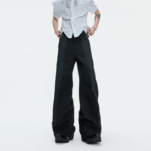 Pleated Stripe Wide-Leg Trousers in Black - main image 1