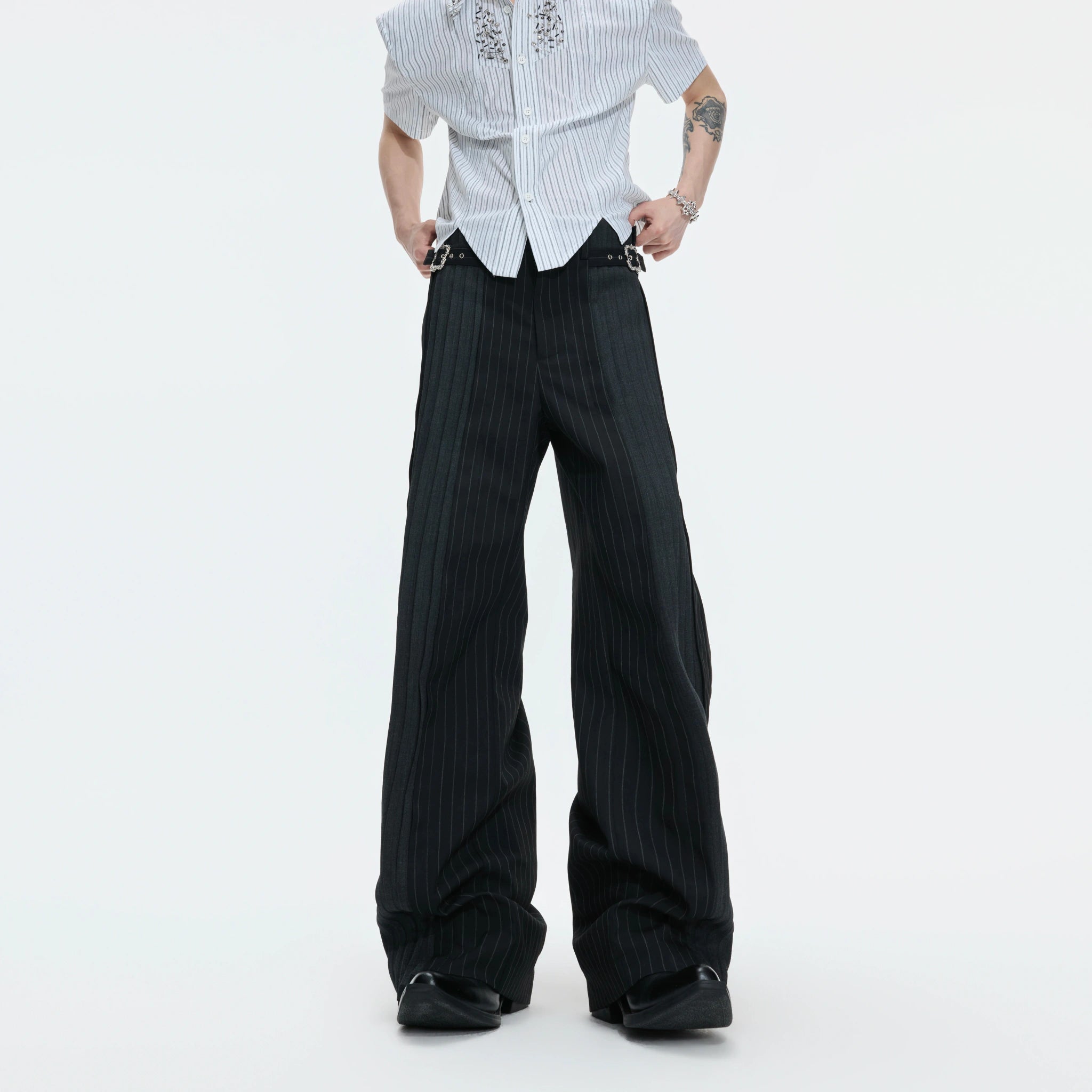 Pleated Stripe Wide-Leg Trousers in Black - main image 1