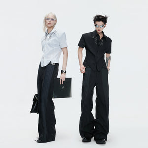 Pleated Stripe Wide-Leg Trousers in Black - main image 2