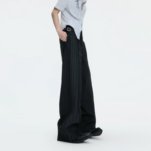 Pleated Stripe Wide-Leg Trousers in Black - main image 3
