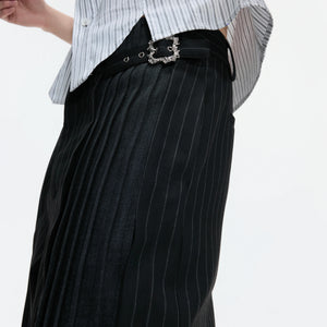 Pleated Stripe Wide-Leg Trousers in Black - main image 4
