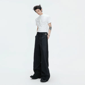 Pleated Stripe Wide-Leg Trousers in Black - main image 5