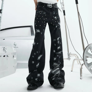 Distressed Rivet Wide-Leg Jeans in Washed Black - main image 2