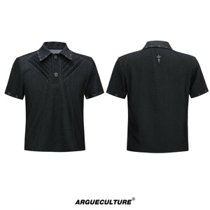 Washed Textured Polo Shirt with Structured Cut - Black
