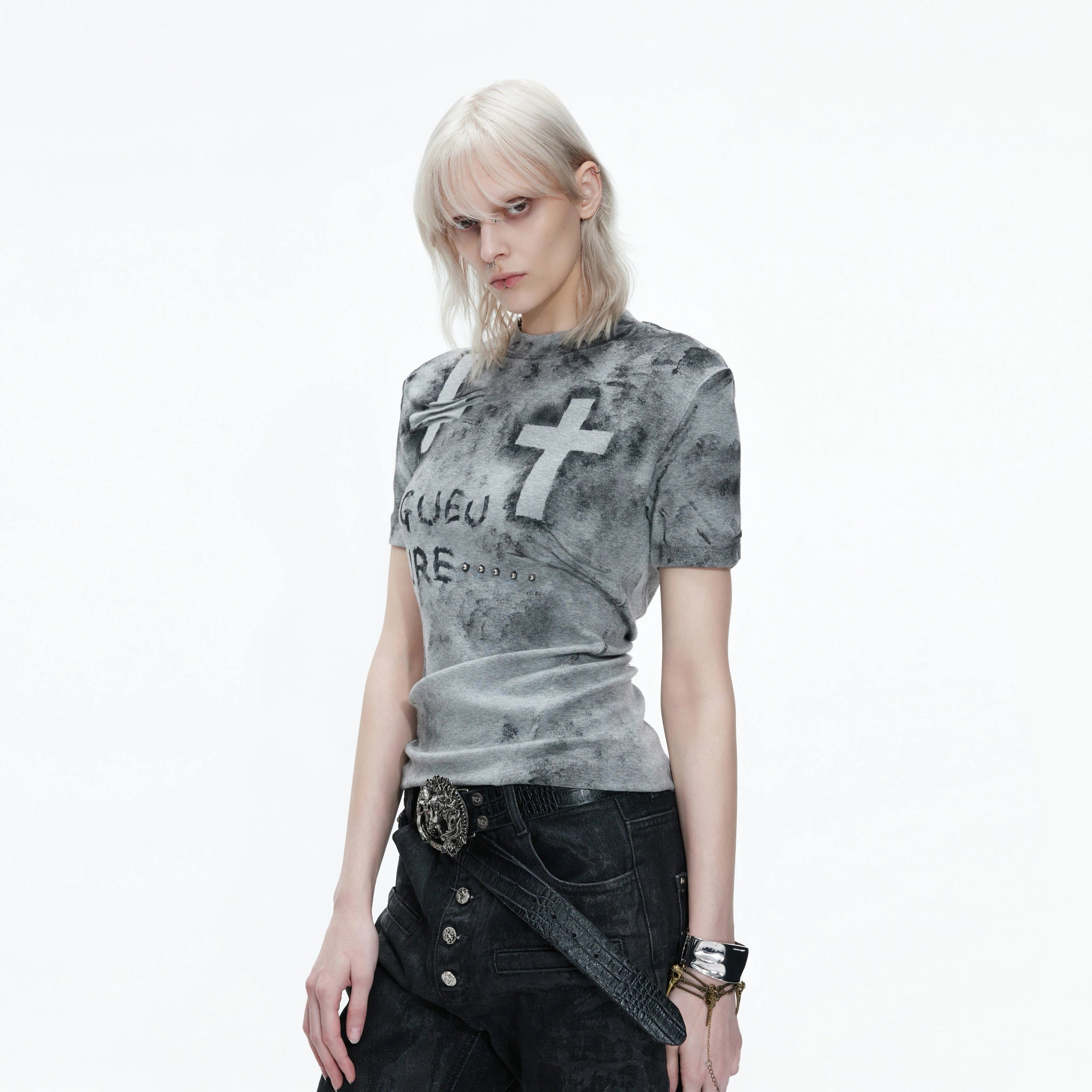 Distressed Cross Graphic Fitted T-Shirt | Cotton Blend - main image 2