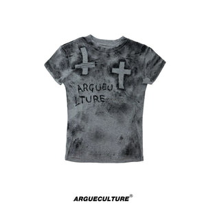 Distressed Cross Graphic Fitted T-Shirt | Cotton Blend - Gray