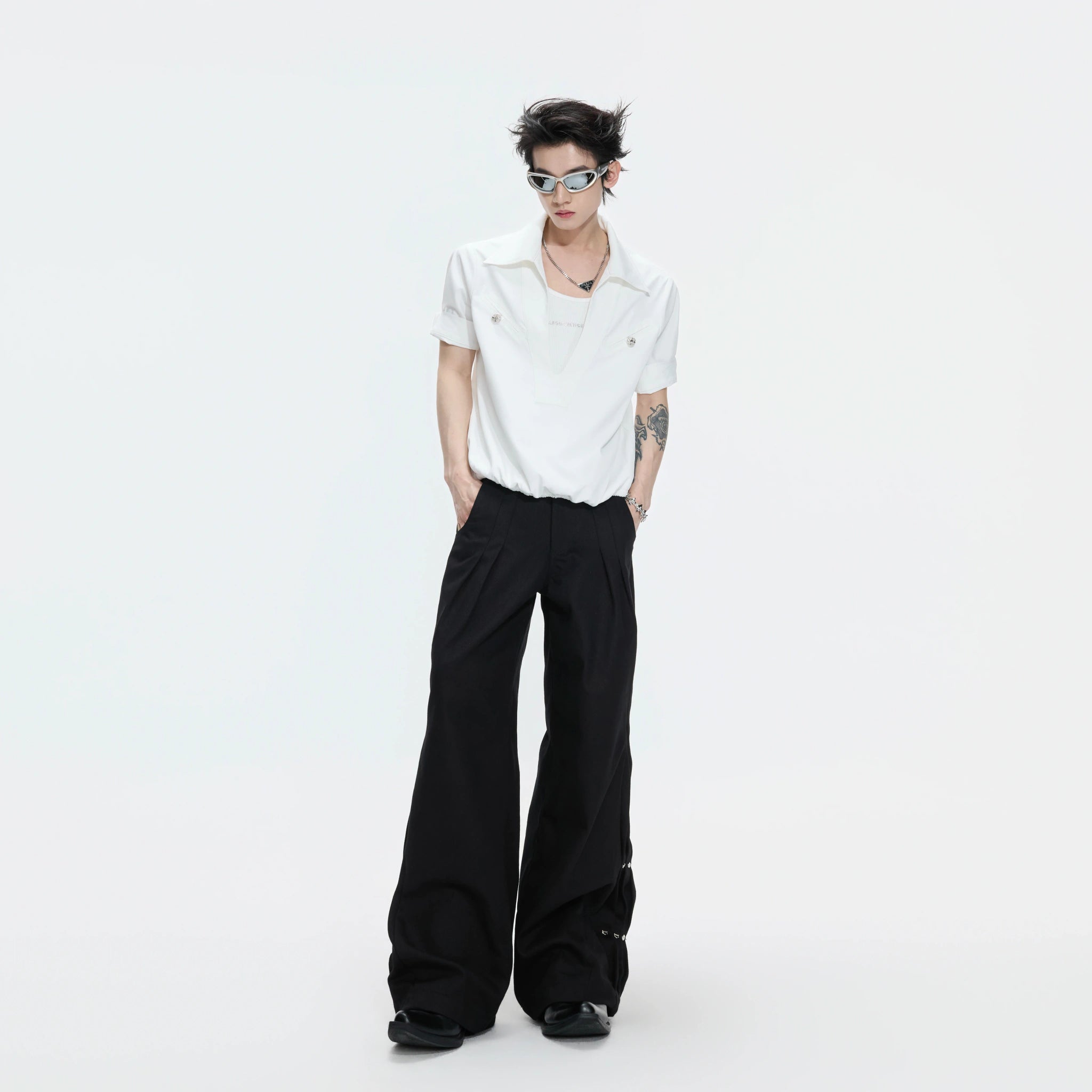 Pleated Rivet Straight-Leg Jeans | Cotton Denim - main image 2