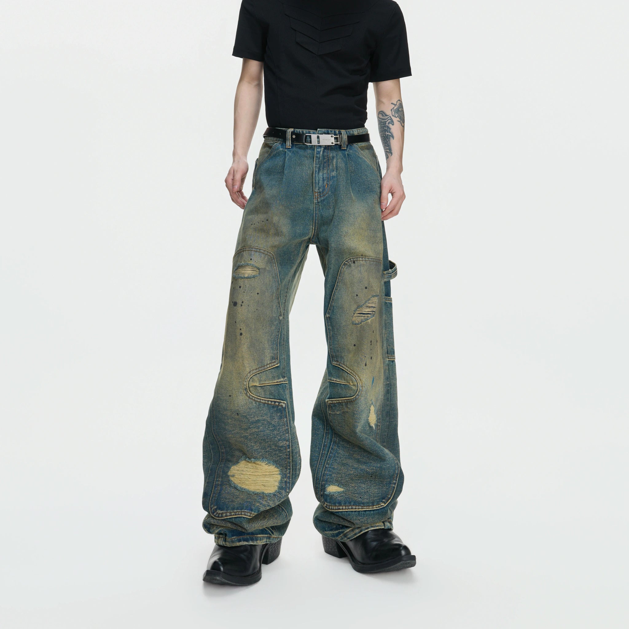Distressed Patchwork Straight-Leg Jeans | Blue Denim - main image 1