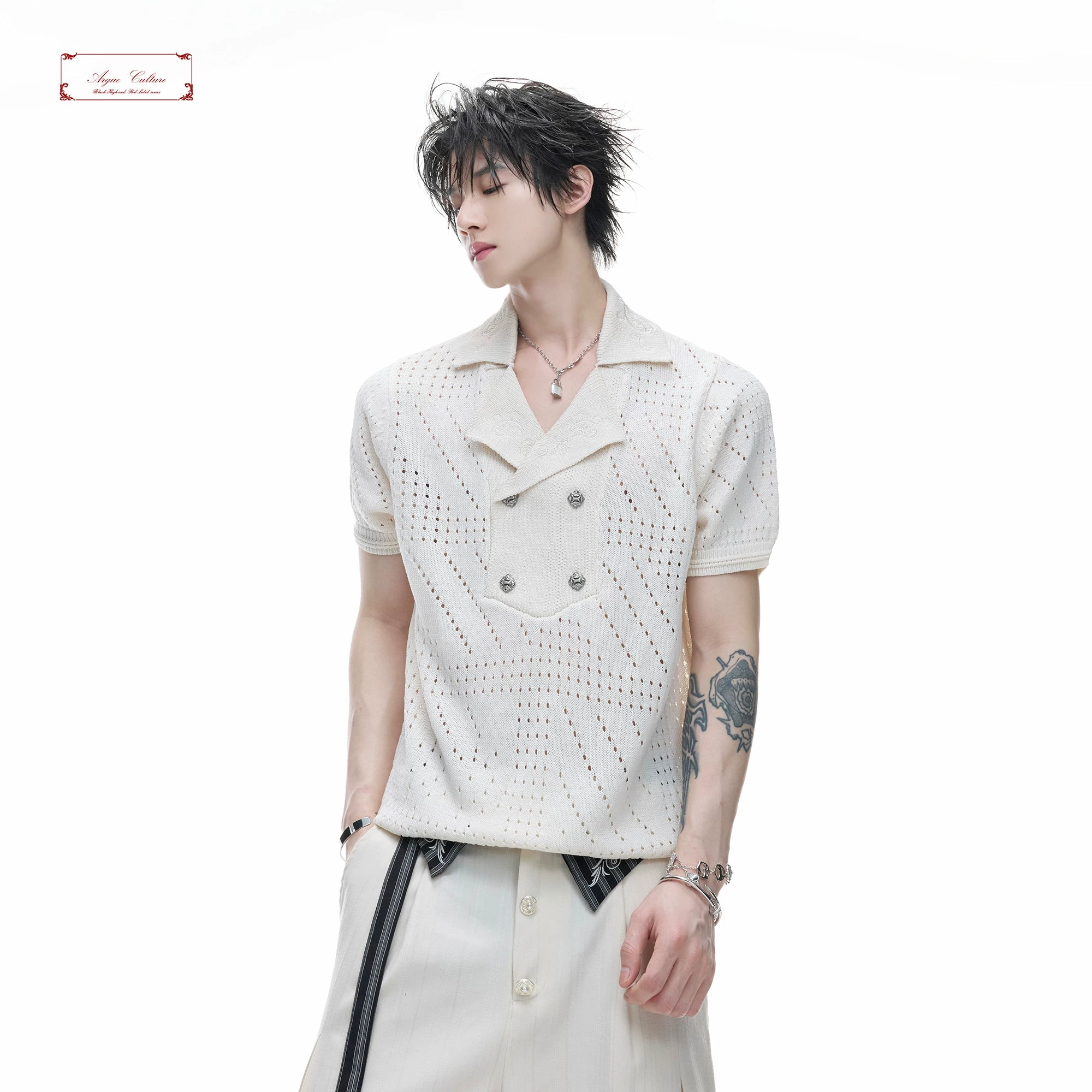 Openwork Embroidered Knit Polo Shirt | Short Sleeve - main image 1