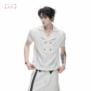 Openwork Embroidered Knit Polo Shirt | Short Sleeve - main image 4