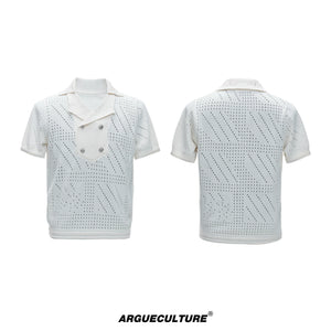 Openwork Embroidered Knit Polo Shirt | Short Sleeve - White