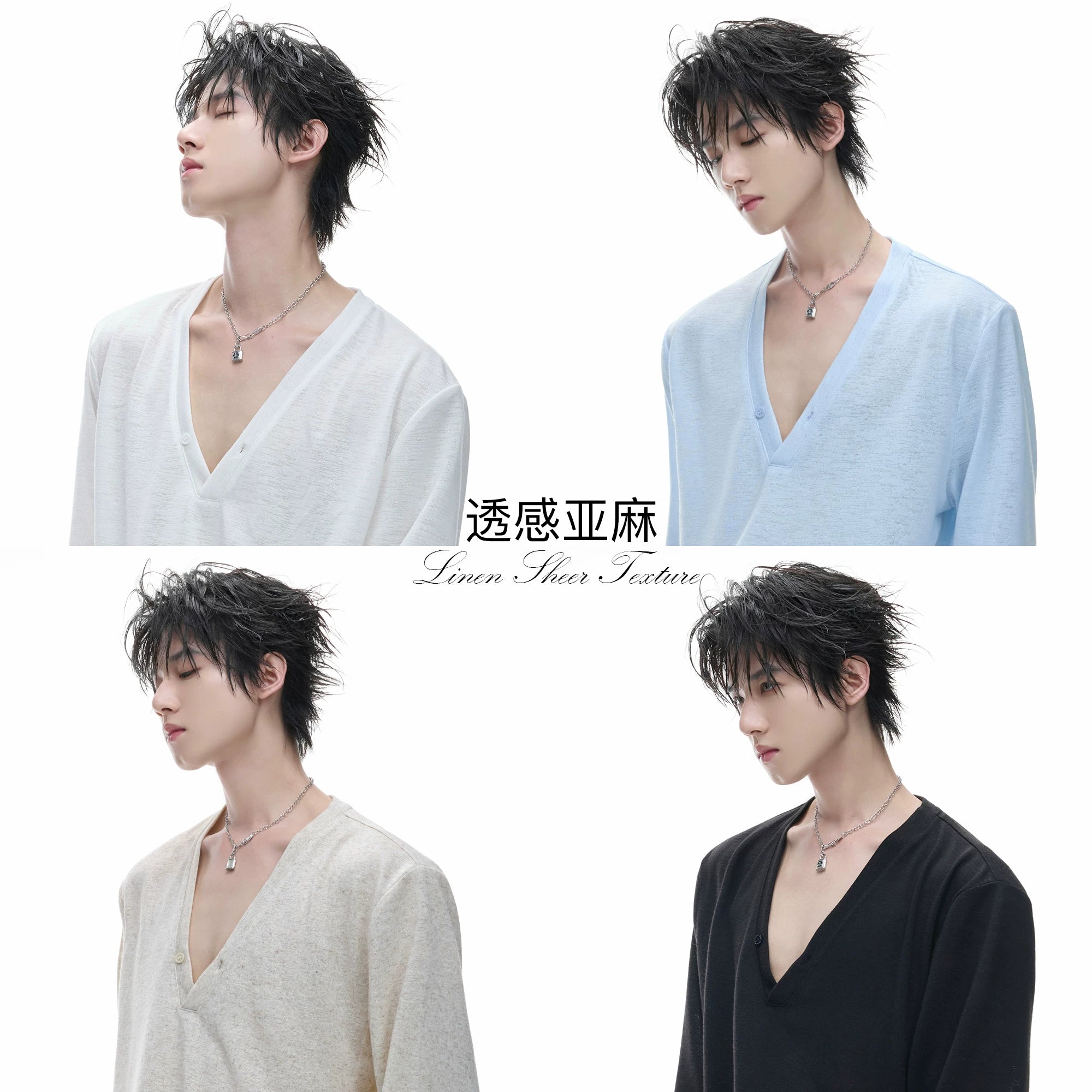 Deep V-Neck Linen-Blend Long-Sleeve T-Shirt - main image 1