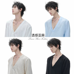 Deep V-Neck Linen-Blend Long-Sleeve T-Shirt - main image 1