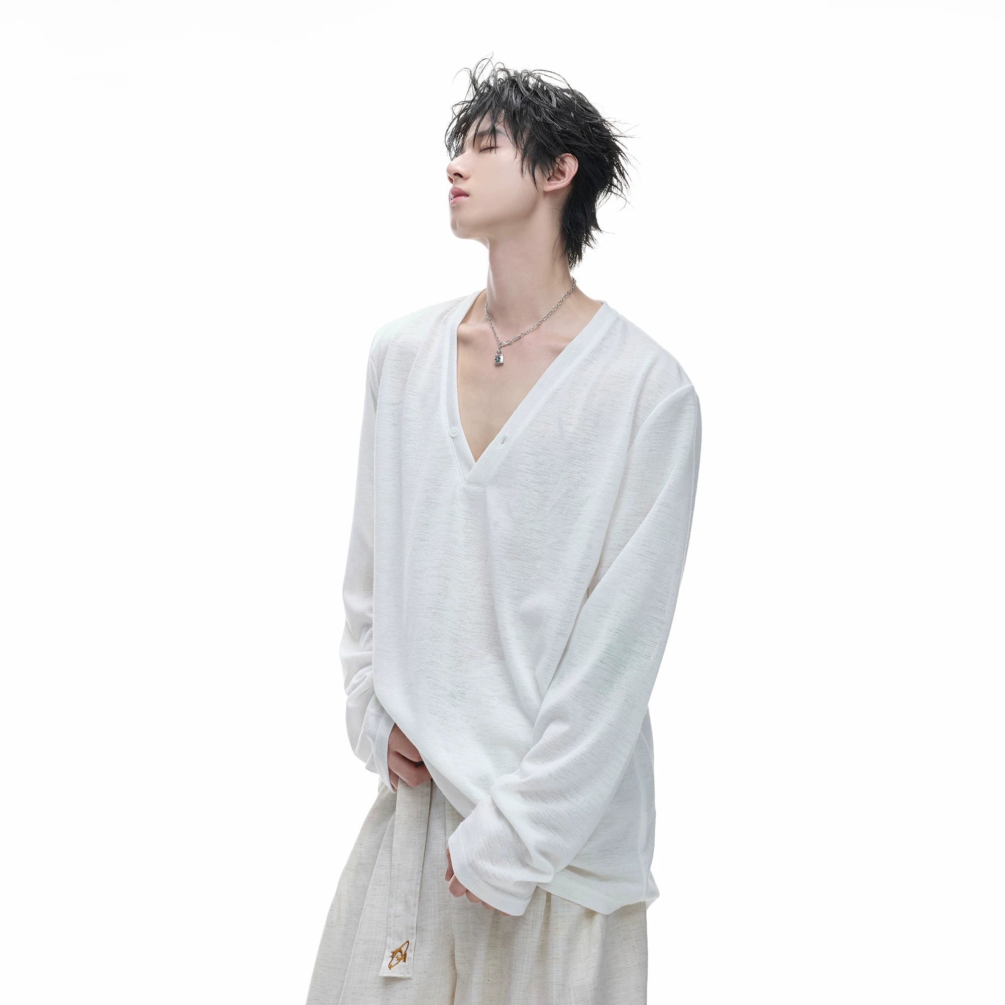 Deep V-Neck Linen-Blend Long-Sleeve T-Shirt - main image 2