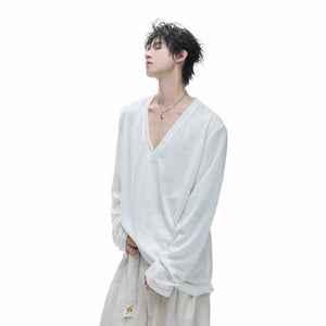 Deep V-Neck Linen-Blend Long-Sleeve T-Shirt - main image 2