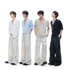 Deep V-Neck Linen-Blend Long-Sleeve T-Shirt - main image 3