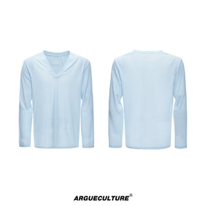 Deep V-Neck Linen-Blend Long-Sleeve T-Shirt - Blue