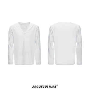 Deep V-Neck Linen-Blend Long-Sleeve T-Shirt - White