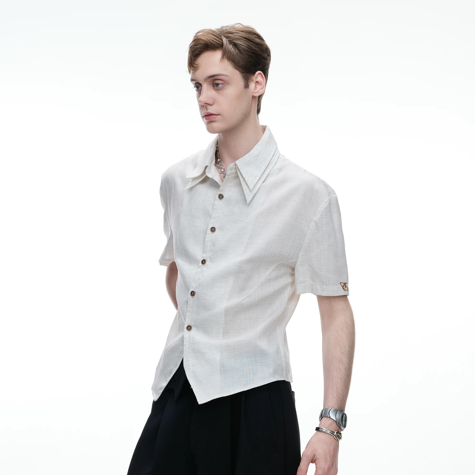 Detachable Double-Collar Linen Blend Shirt | Short Sleeve - main image 2