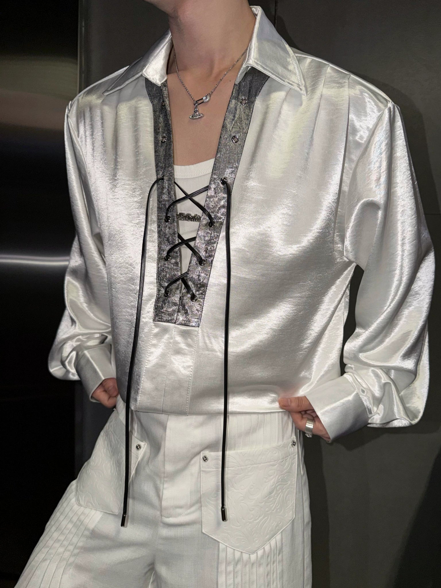 Contrast Lace-Up Satin Shirt | Relaxed Cropped Fit - main image 1