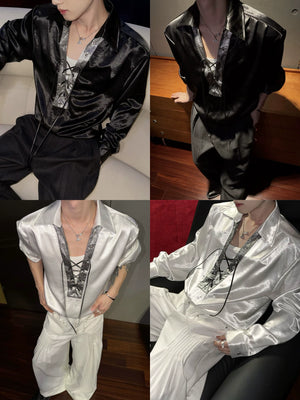 Contrast Lace-Up Satin Shirt | Relaxed Cropped Fit - main image 4