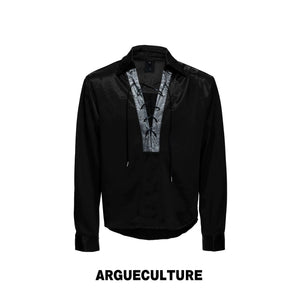 Contrast Lace-Up Satin Shirt | Relaxed Cropped Fit - Black Top