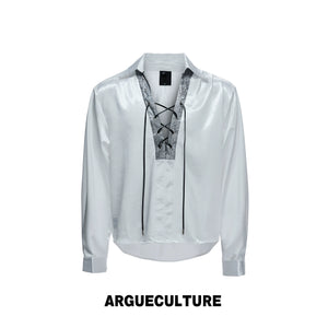 Contrast Lace-Up Satin Shirt | Relaxed Cropped Fit - White Top