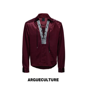 Contrast Lace-Up Satin Shirt | Relaxed Cropped Fit - Red Top