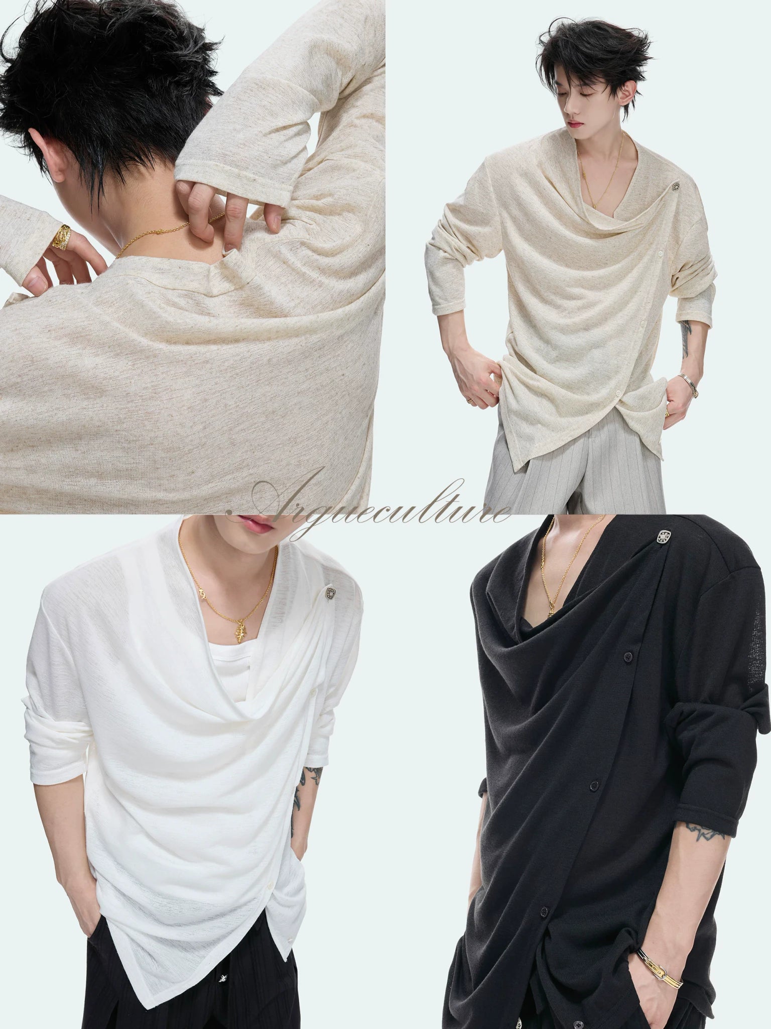 Asymmetric Draped Cowl-Neck Top | Linen-Blend Knit - main image 2