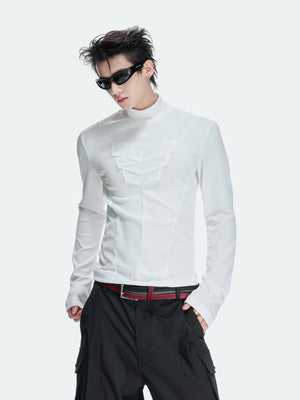 Structured Pleated Mock-Neck Fitted Long-Sleeve Top - main image 1
