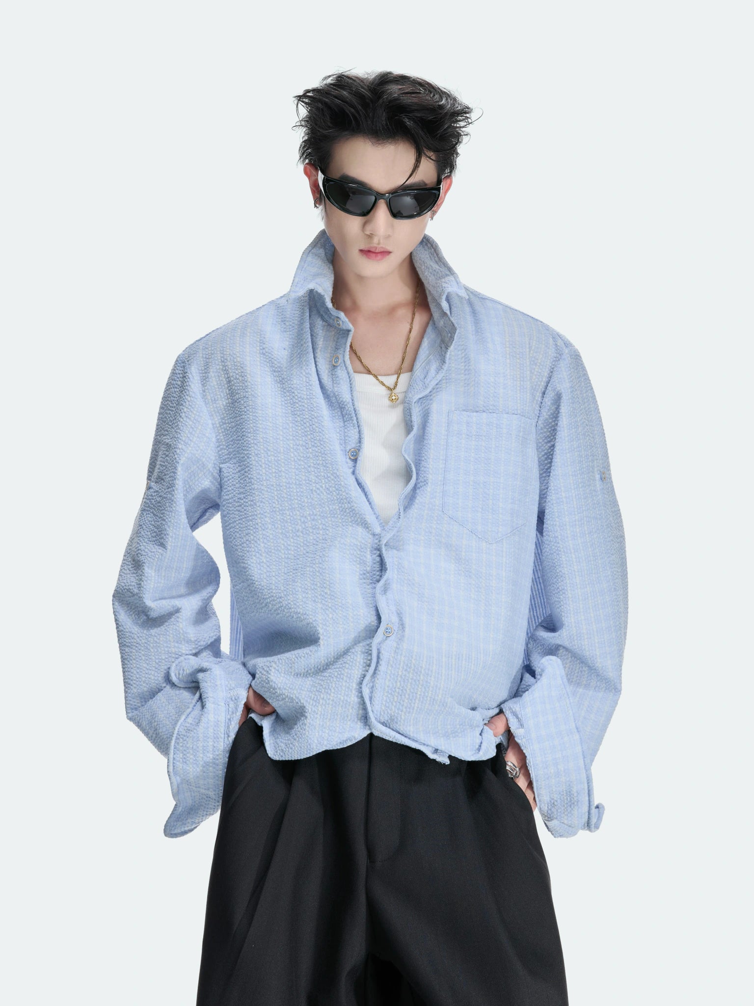 Cropped Check Seersucker Shirt with Drawcord Hem - main image 1