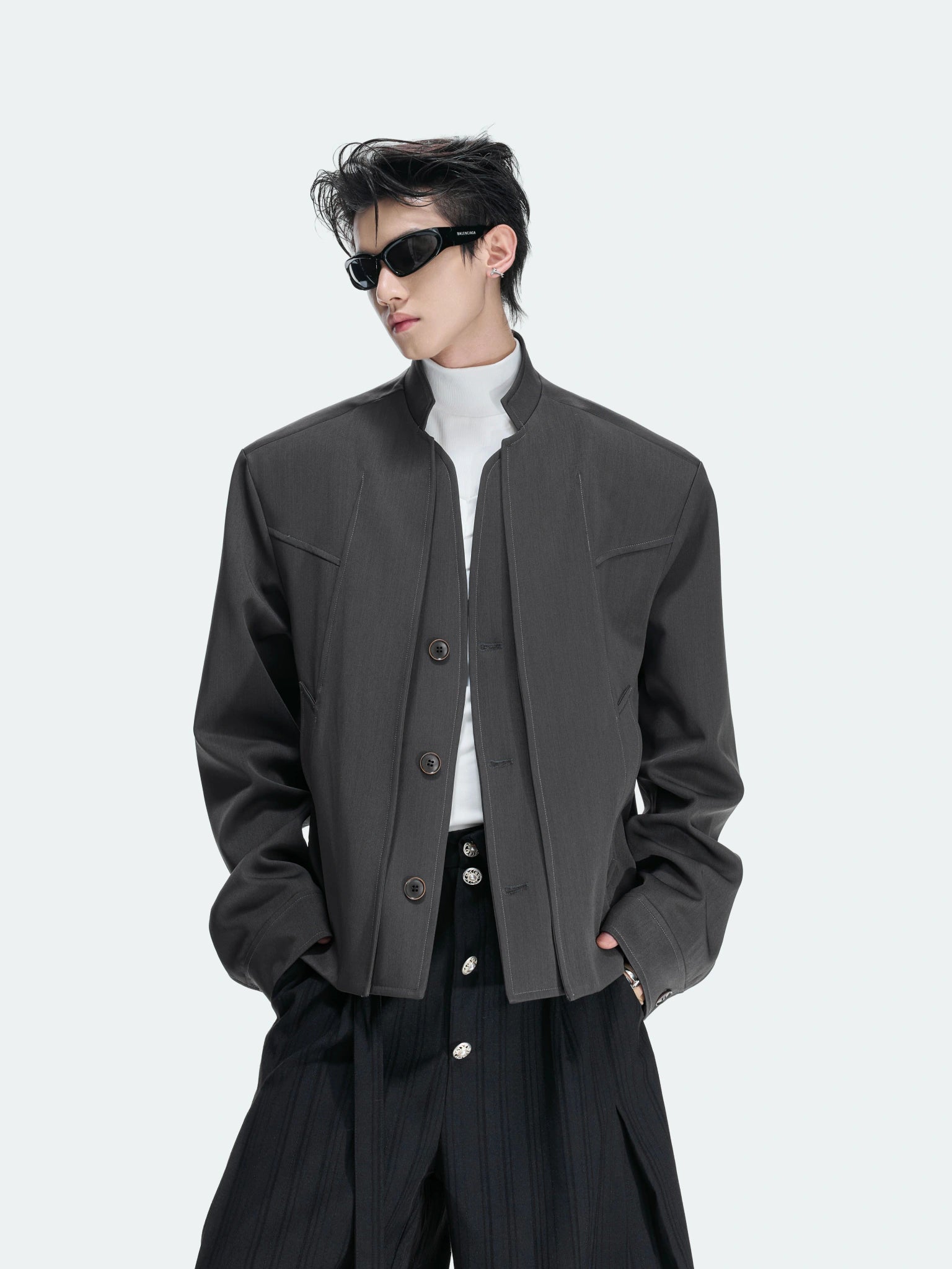 Deconstructed Cropped Blazer Jacket in Gray - main image 2