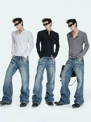 Studded Fitted Henley Long-Sleeve Top | Streetwear - main image 3