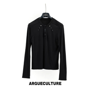 Studded Fitted Henley Long-Sleeve Top | Streetwear - Black Top - In Stock
