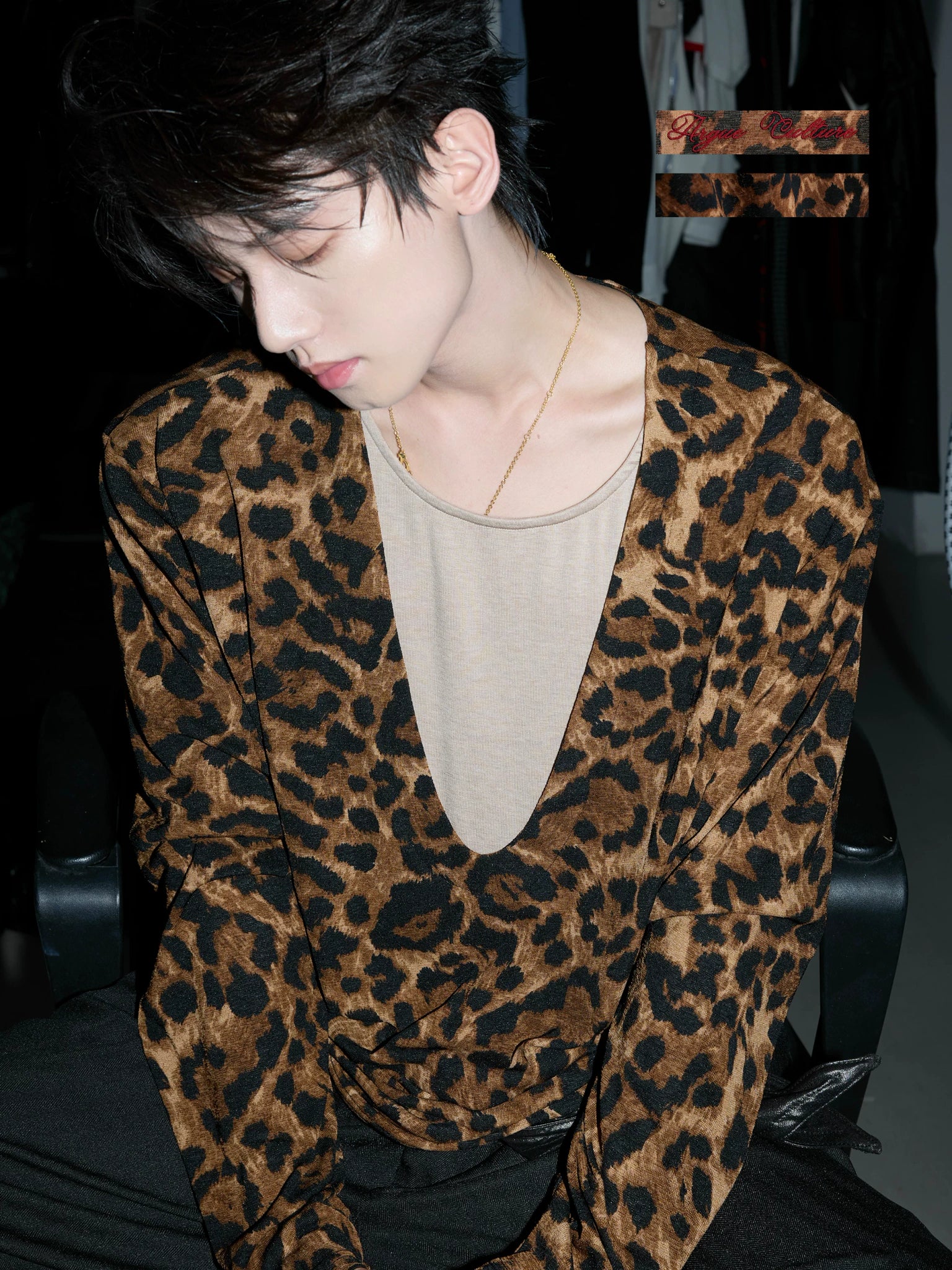 Leopard Print Mock Two-Piece V-Neck Long-Sleeve Top - main image 1