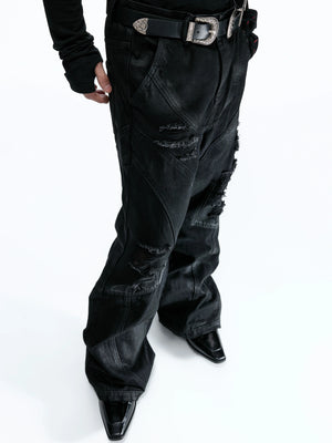 Wax-Coated Distressed Micro-Flare Jeans in Black - main image 2