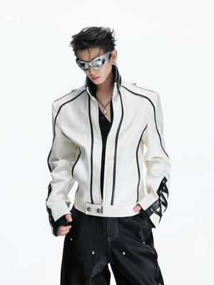 Cropped Faux Leather Biker Jacket With Lace-Up Cuffs - main image 1