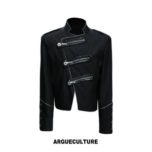 Stand-Collar Asymmetric Zip Cropped Jacket - Black