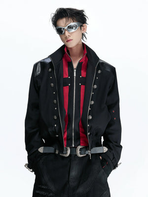 Cropped Black-Red Cross Jacket with Stand Collar Detail - main image 1
