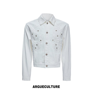 Floral Embroidered Rivet Cropped Denim Jacket - White