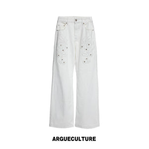 Floral Embroidered Rivet Straight-Leg Denim Jeans - White