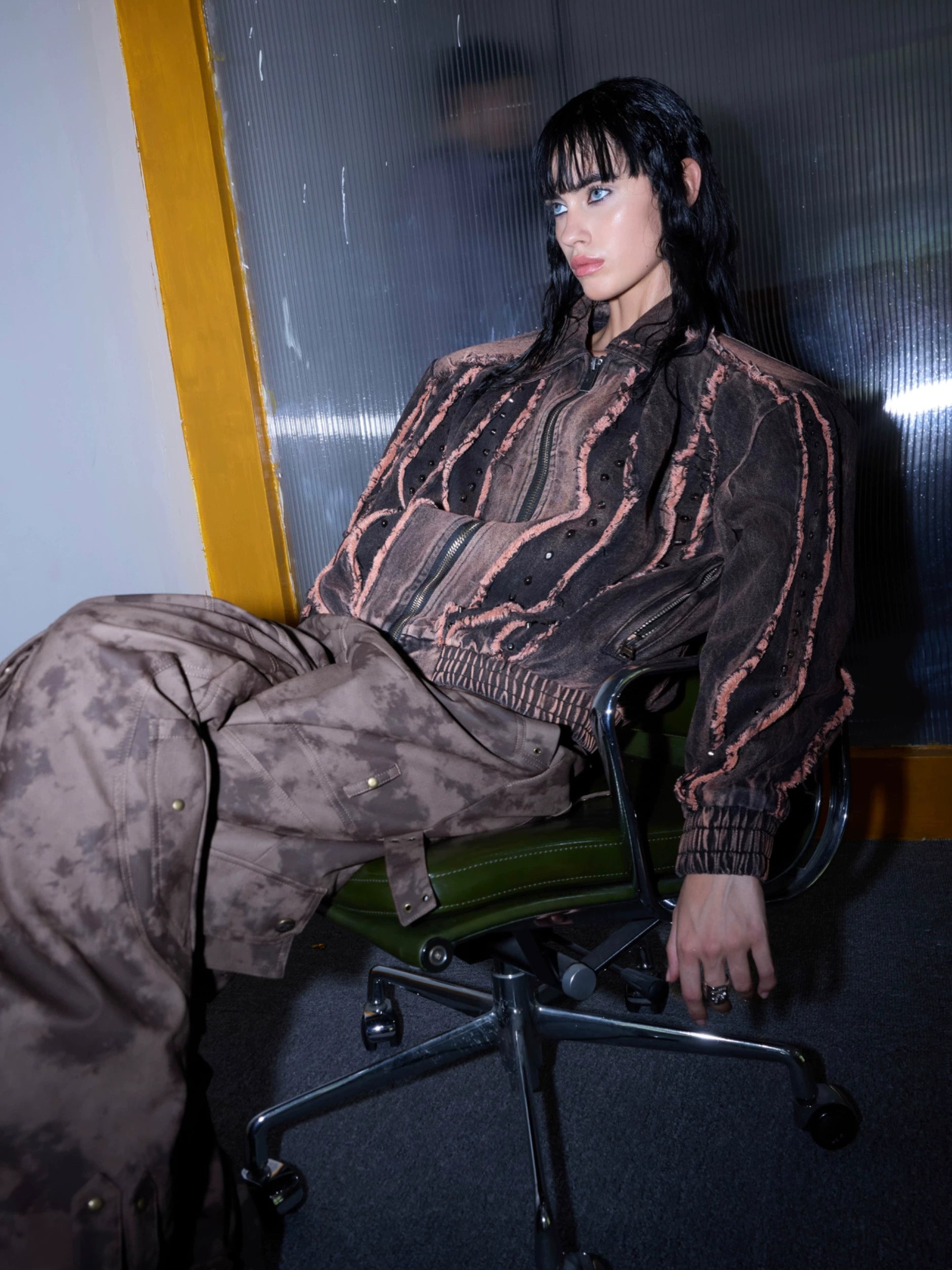 Distressed Deconstructed Denim Jacket - Shoulder Pads Metal Studs Fringe