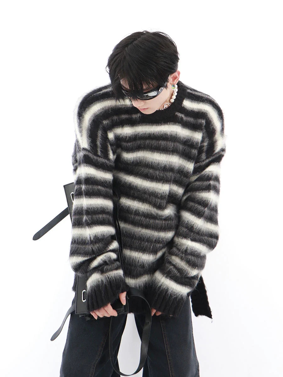 Black-White Striped Mohair Sweater - Loose Fit Streetwear Knit