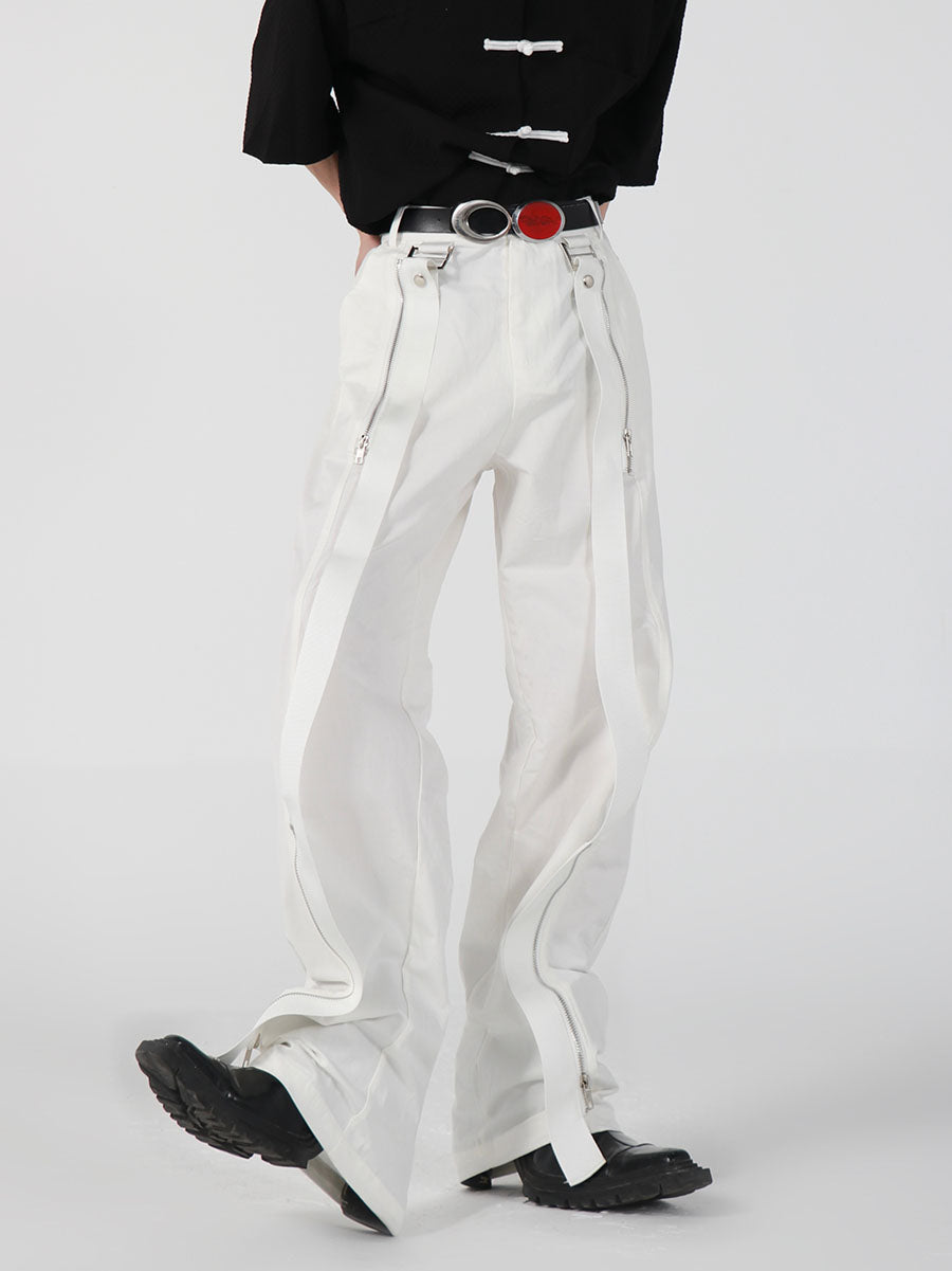 Streetwear White Pants - Metal Zipper-Detail Straight Leg Casual Pants