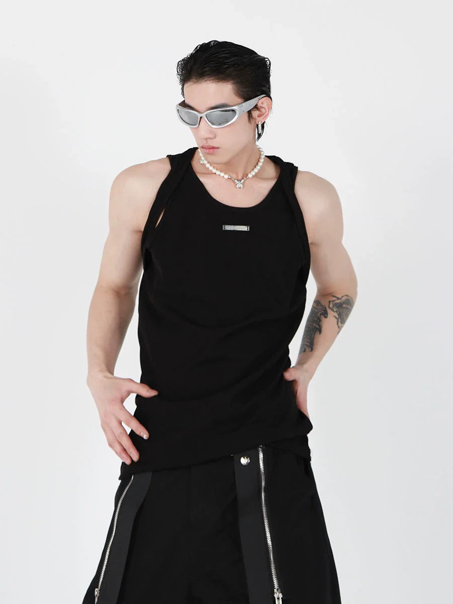 Double-Strap Sleeveless Top - Black Metal Trim Summer T-Shirt