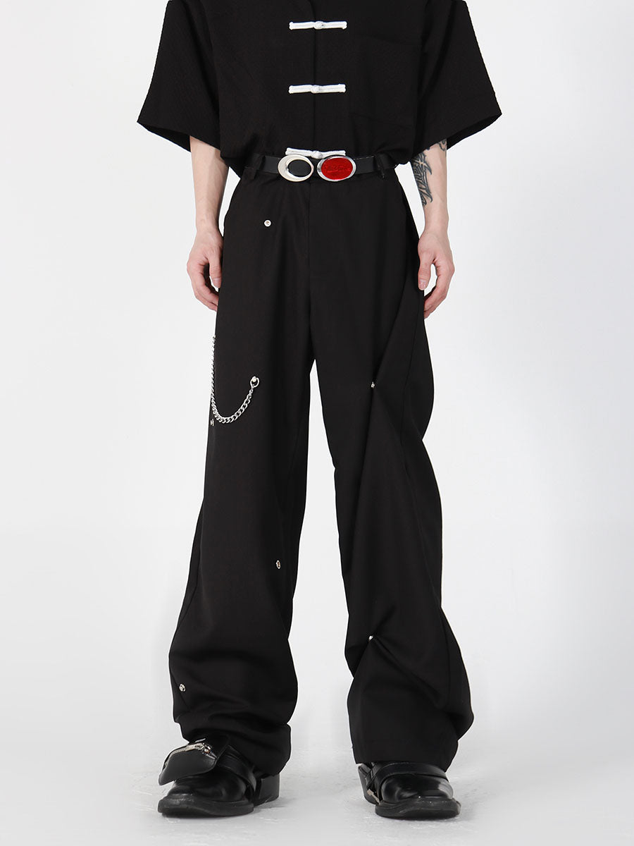 Deconstructed Metal-Button Loose Pants - Streetwear Drop-Crotch Casual Pants