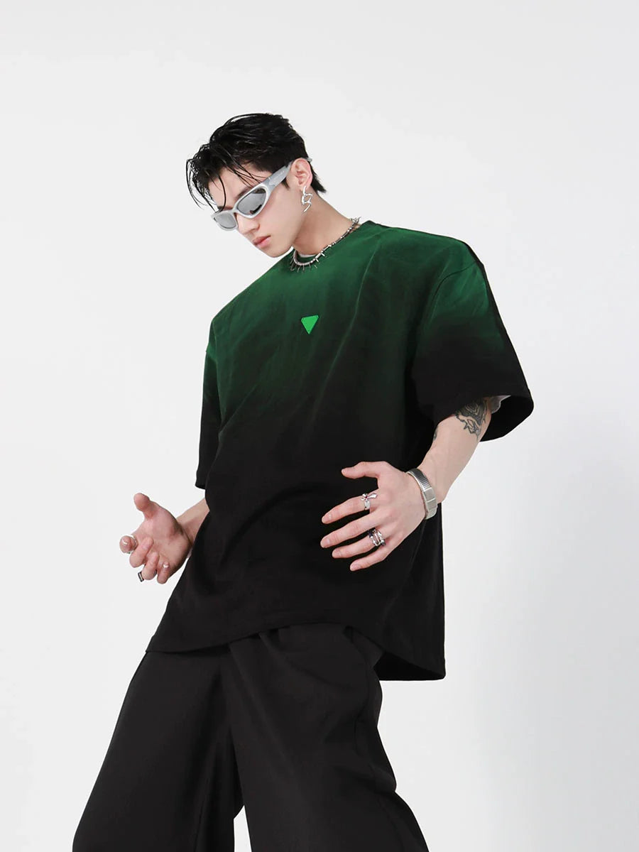 Black-Green Gradient Cotton T-Shirt - Loose Fit Streetwear Top