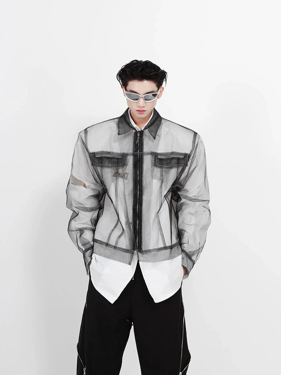 Deconstructed Mesh Punk Jacket - Streetwear Overshirt with Raw Edges