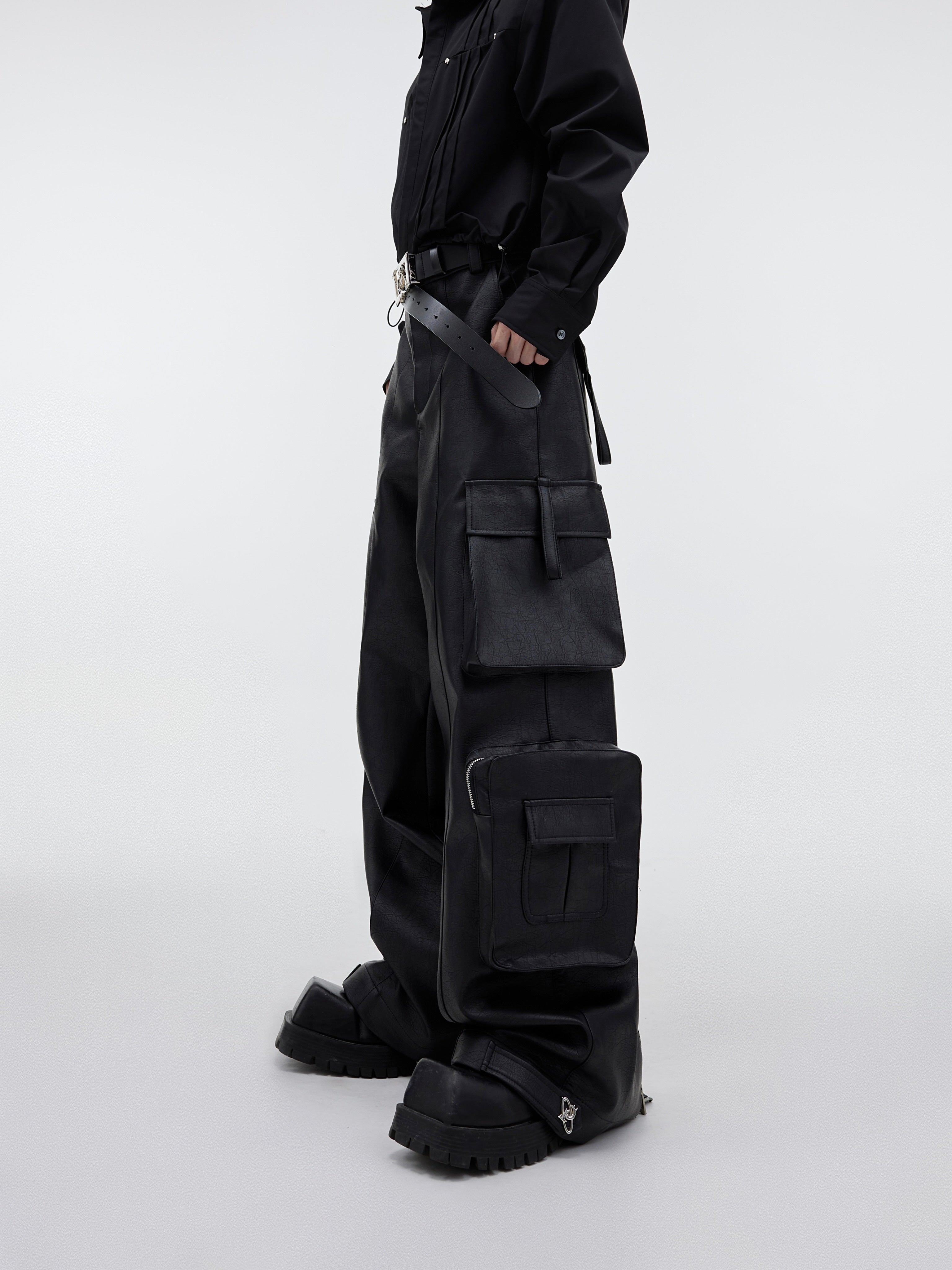 Streetwear PU Leather Pants - Wide Leg with Metal Zippers & Pockets